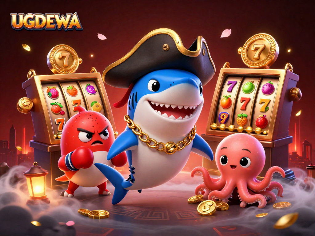 Experience thrilling gaming action with UGDEWA as playful characters in a vibrant casino scene, showcasing exciting slot games.