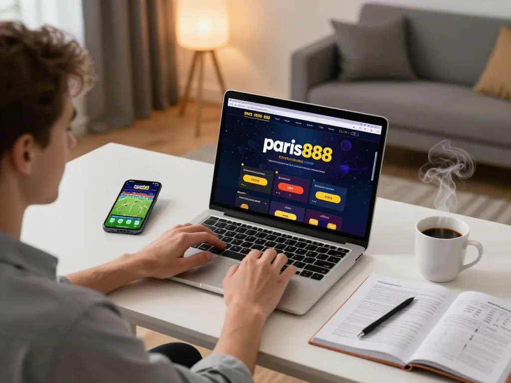 Pemain terlibat menggunakan platform paris888 di laptop, dikelilingi oleh pengaturan permainan yang nyaman dan catatan strategi.