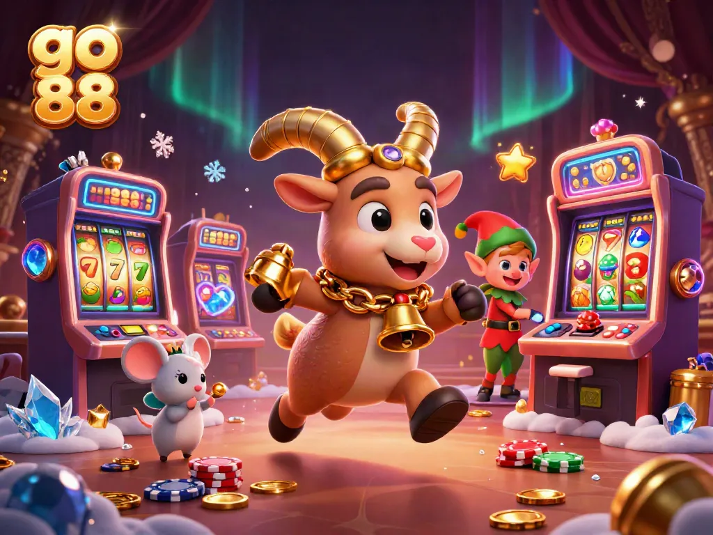 Experience thrilling moments at go 88 casino with a festive Krampus surrounded by colorful slot machines.