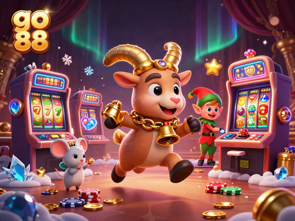 Experience thrilling moments at go 88 casino with a festive Krampus surrounded by colorful slot machines.