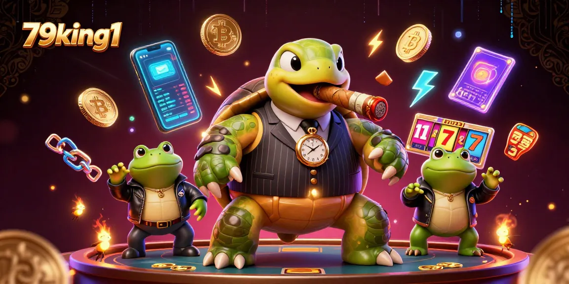 Engage with 79king1's vibrant casino scene featuring a mobster turtle and bullfrog enforcers.