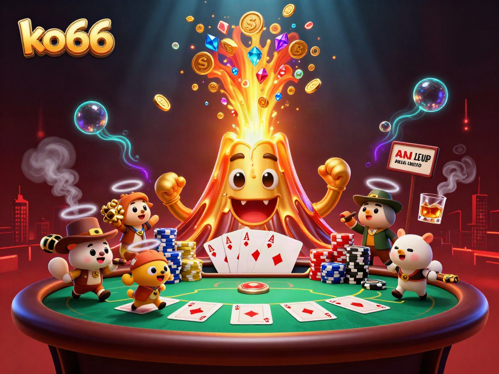 Experience the thrill of winning at ko66 with a golden volcano erupting treasure in a vibrant casino scene.