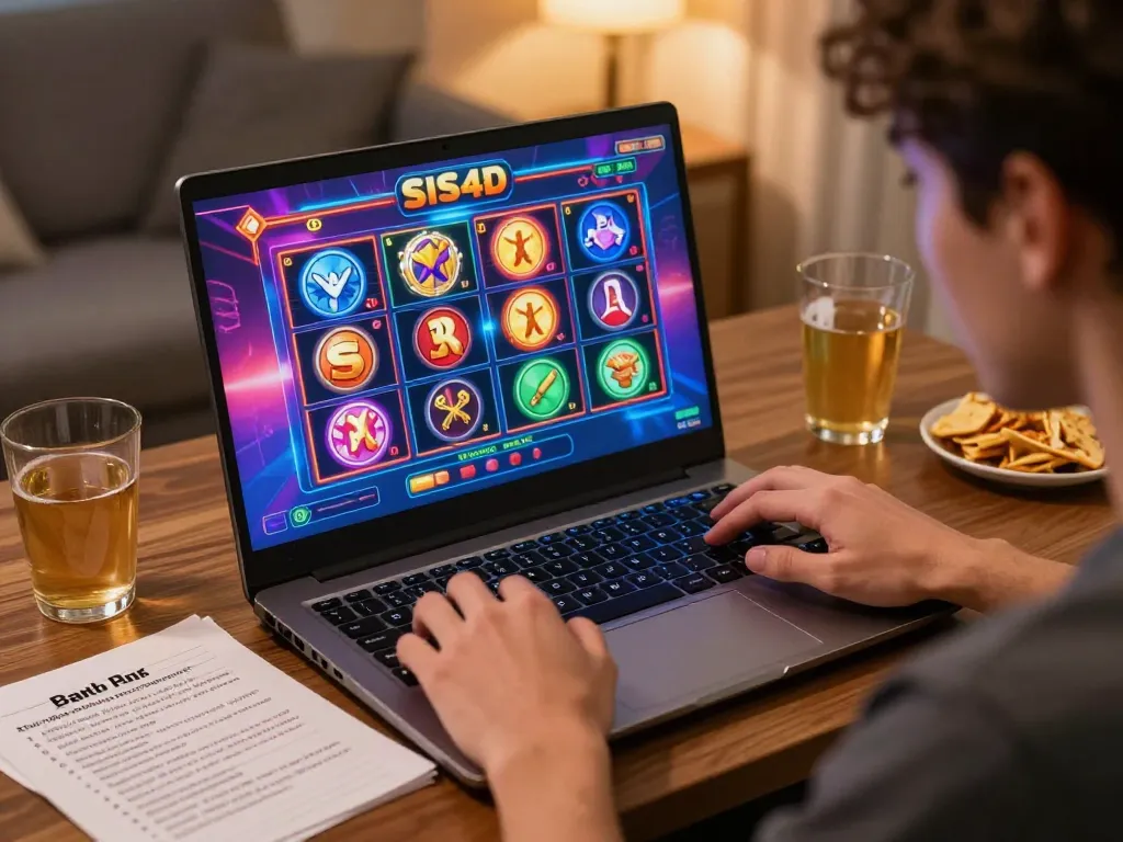 Player enjoying SIS4D online slot games, showcasing focused gaming strategy in a home setting.