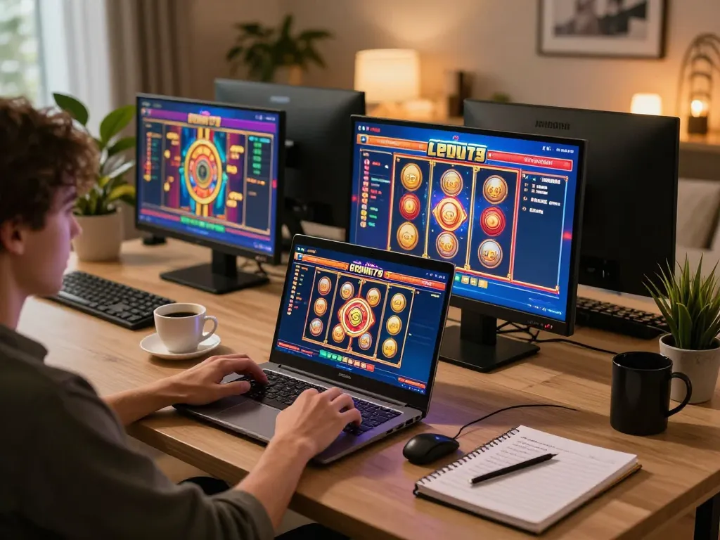 Player enjoying KEONG178's demo slots on a laptop in a stylish home setup, showcasing strategic gaming atmosphere.
