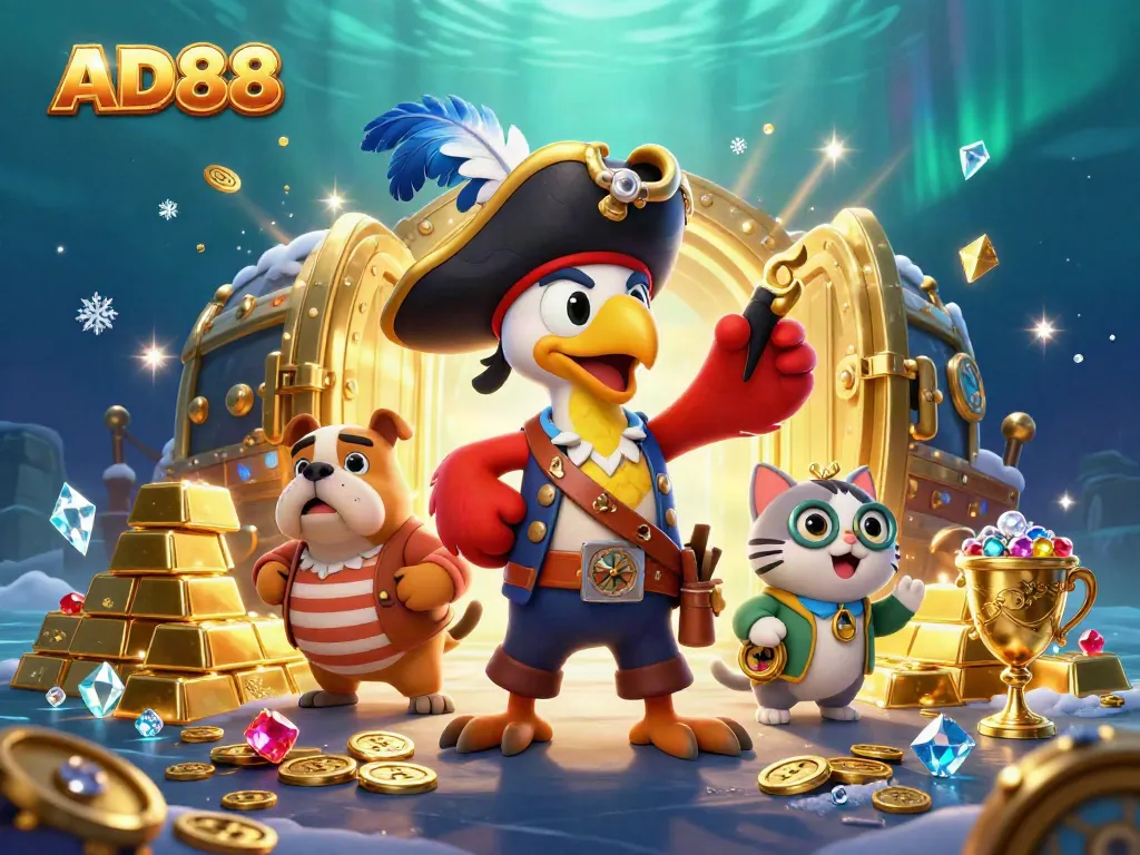Experience the thrill of AD88 with vibrant pirate-themed casino elements and characters.