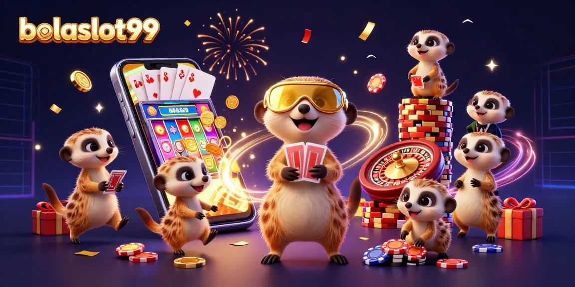 Experience exhilarating gameplay at bolaslot99 with cheeky meerkats in a vibrant casino scene.