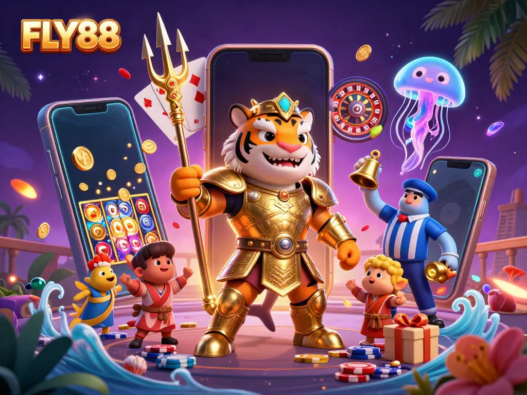 Spin to win with FLY88 in this vibrant underwater casino scene featuring a trident-wielding shark.