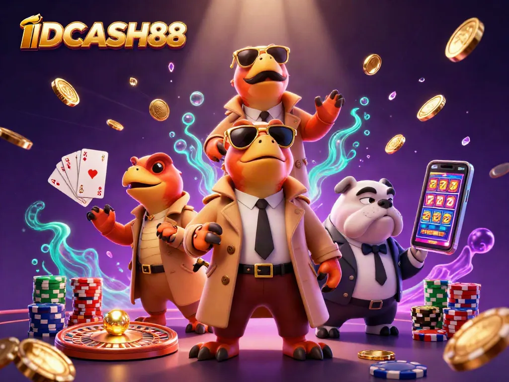 Experience thrilling gameplay at IDCASH88 with raptors sneaking into a VIP lounge amidst dazzling casino elements.