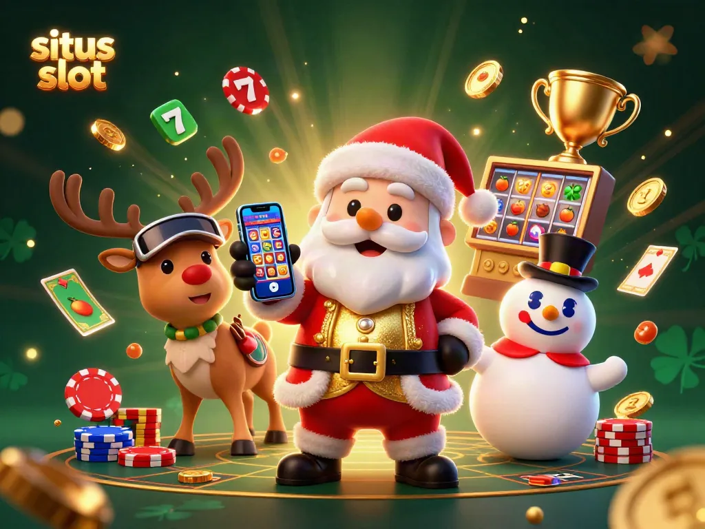Menangkan jackpot di situs slot dengan Santa Claus dan teman-temannya dalam ilustrasi kasino yang meriah.