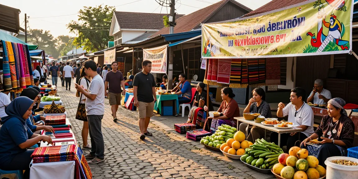 Pemandangan pasar Cirebon yang ramai dengan kerajinan lokal dan makanan khas, menciptakan suasana budaya yang kaya.