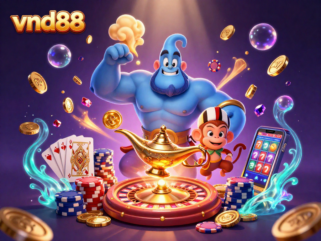Experience luck with vnd88 as a powerful genie reveals treasures in this vibrant casino scene.