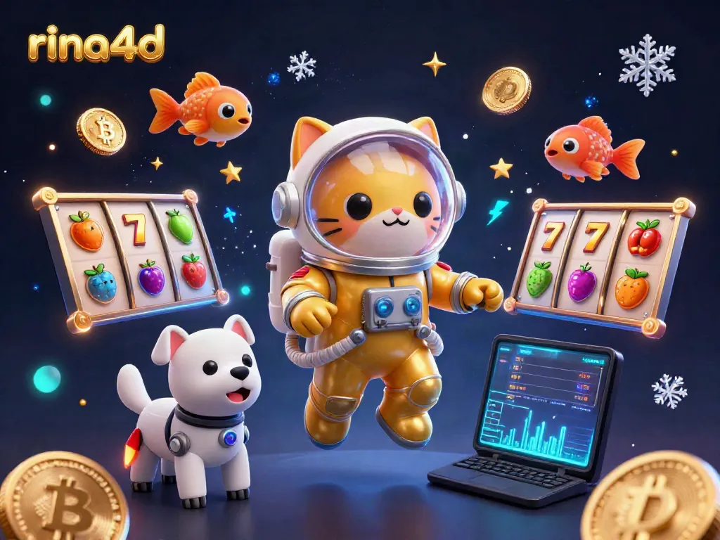 Engage with rina4d's cosmic gaming experience featuring an astronaut cat and interactive slot game elements.