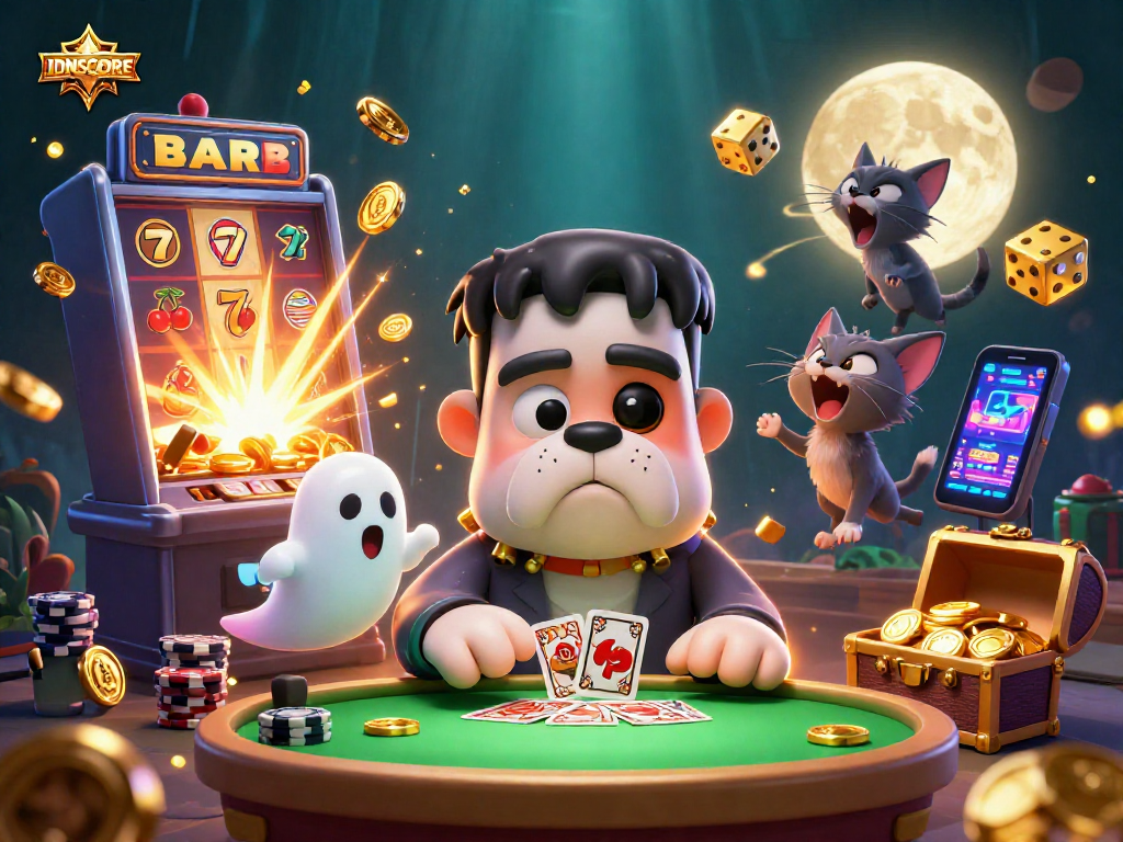 Experience thrilling action at IDNSCORE with a lively 3D cartoon scene featuring gambling characters and casino elements.