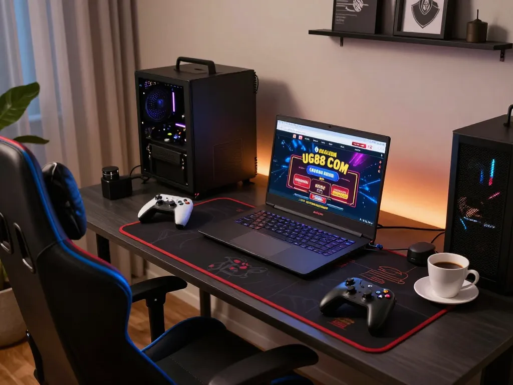 Player strategizing on UG88 COM casino site from a stylish online gaming setup, showcasing a luxurious atmosphere.