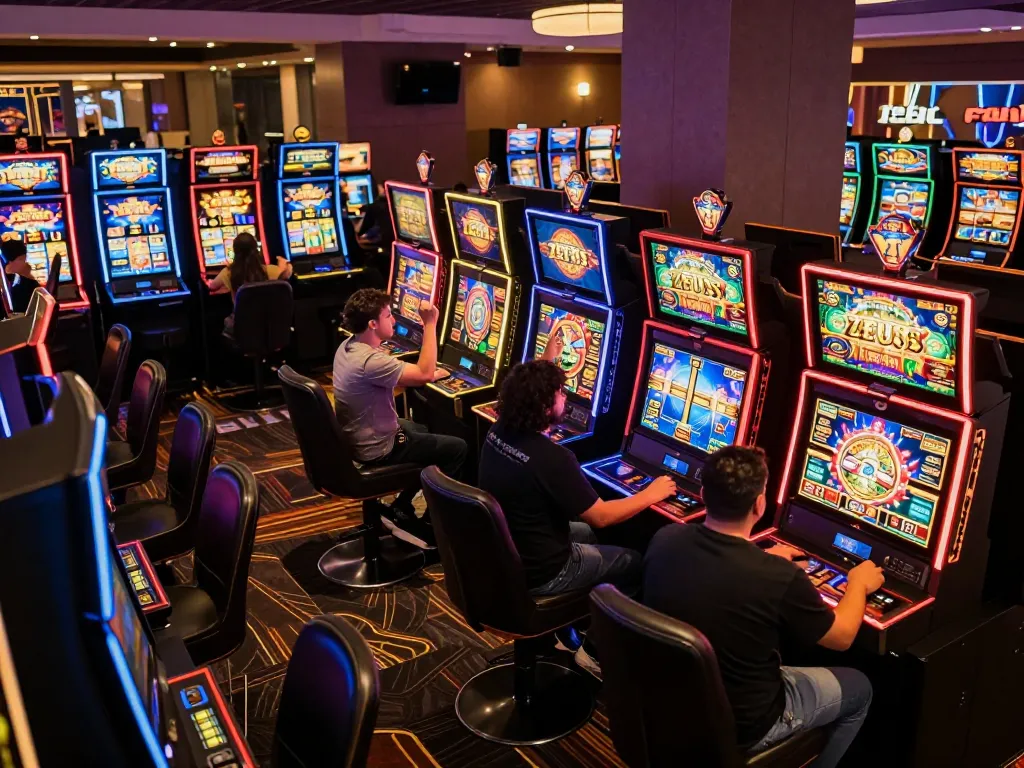 Players enjoying the excitement of slot zeus machines in a vibrant casino gaming area.