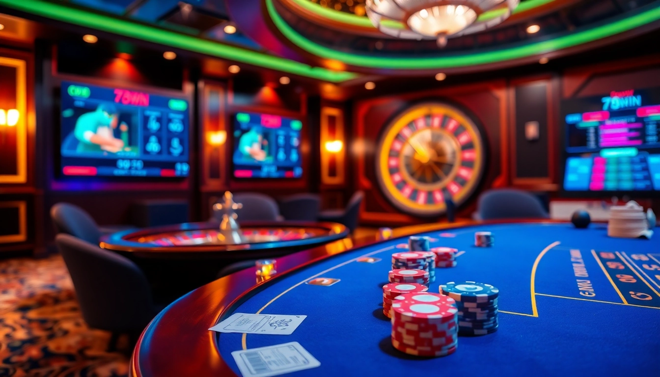 Experience excitement at 78Win's poker table with colorful chips and a vibrant casino atmosphere.