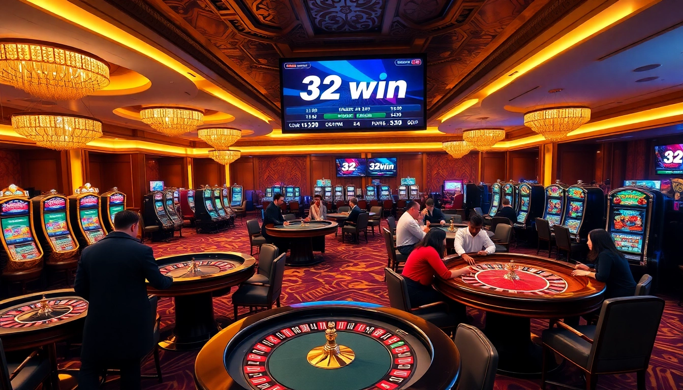 Experience the excitement of 32win.com with vibrant casino games and players enjoying high-stakes action.