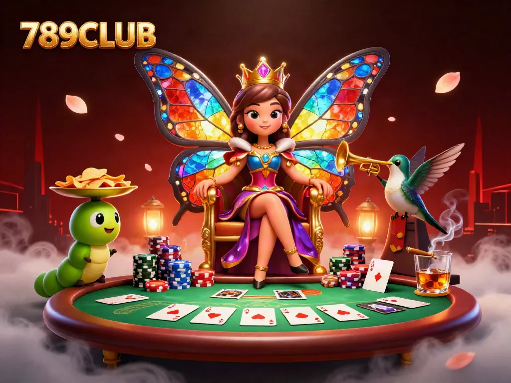 Experience the excitement of 789CLUB with a vibrant poker scene featuring a butterfly queen and poker elements.