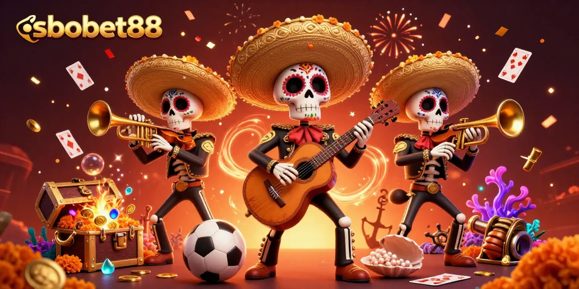 Experience sbobet88 with vibrant sports-themed 3D mariachi band amid dynamic gaming elements.