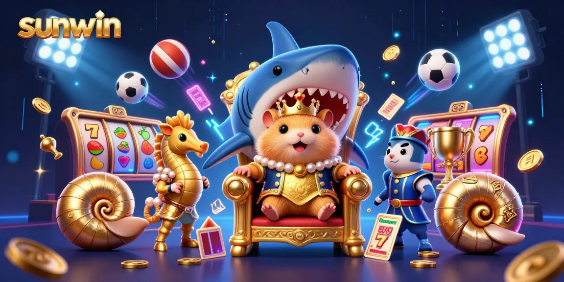 Experience thrilling casino games at sunwin, featuring a golden hamster king, megalodon throne, and dynamic slot elements.
