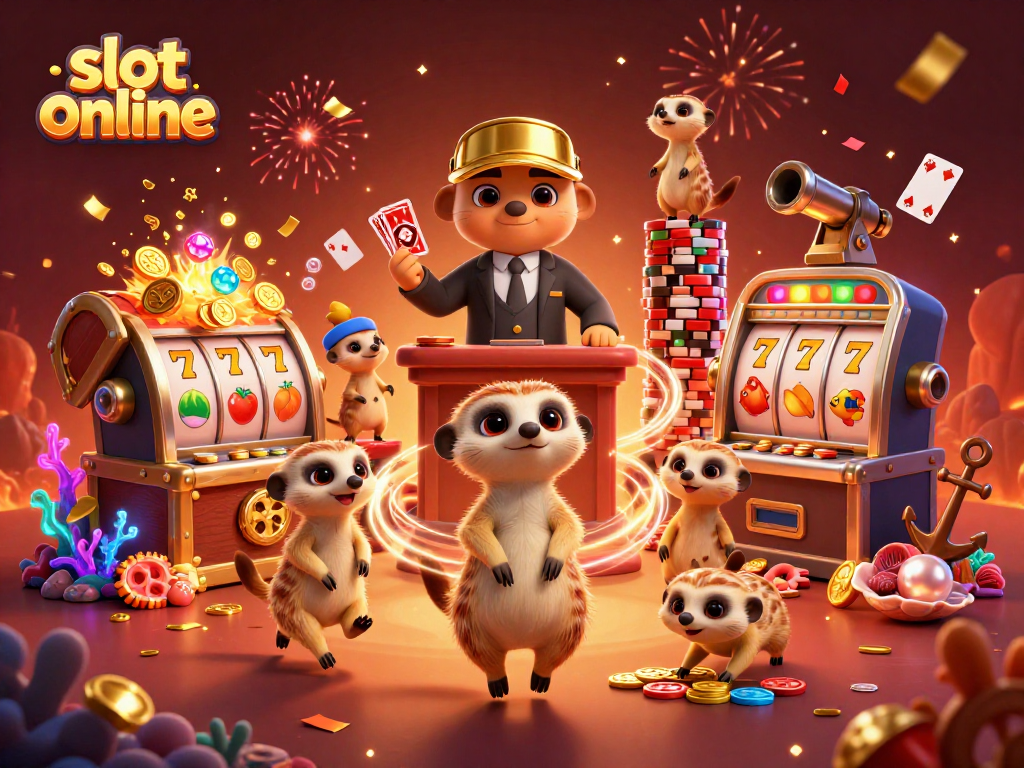 Slot online menarik dengan meerkat mengoperasikan kasino dan peti harta karun di bawah laut.