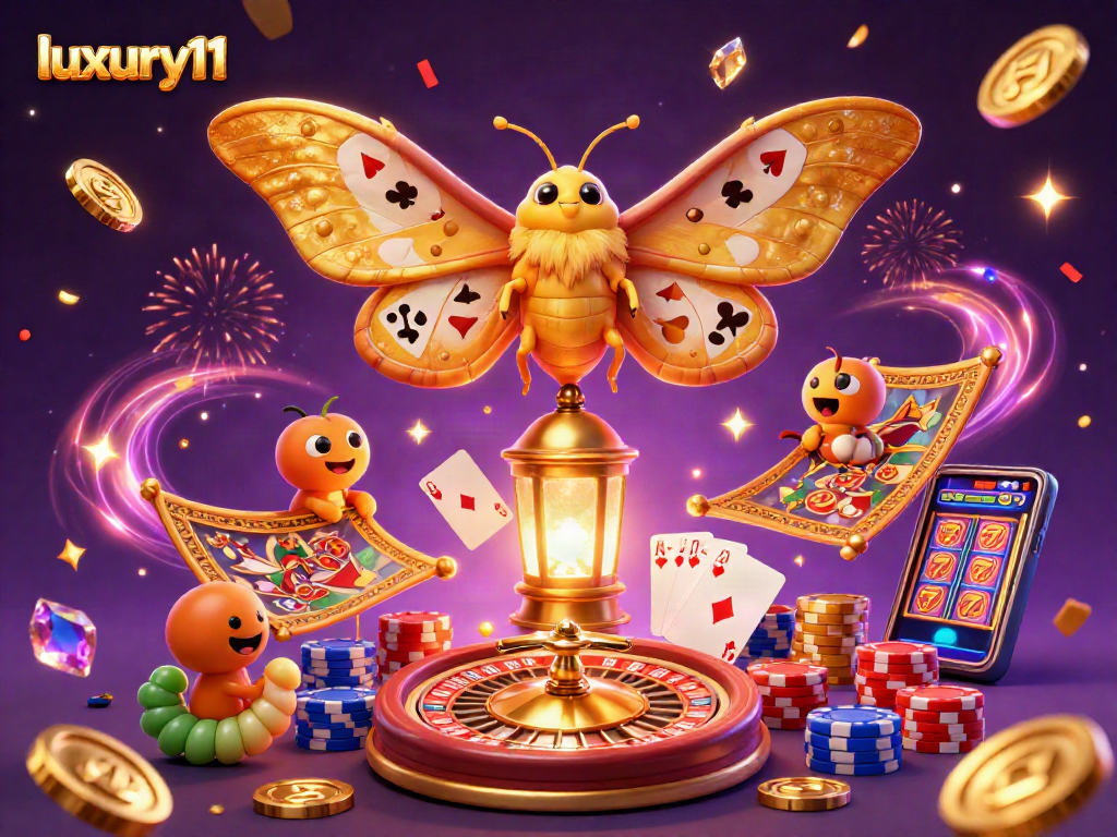 Experience luxury111 gaming with vivid casino elements and a majestic moth illustration.