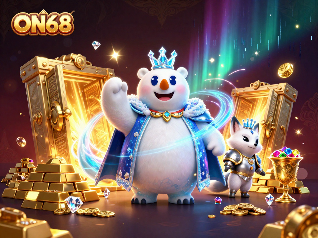 Experience the excitement of winning at ON68 with treasures and animated characters in a vibrant casino scene.