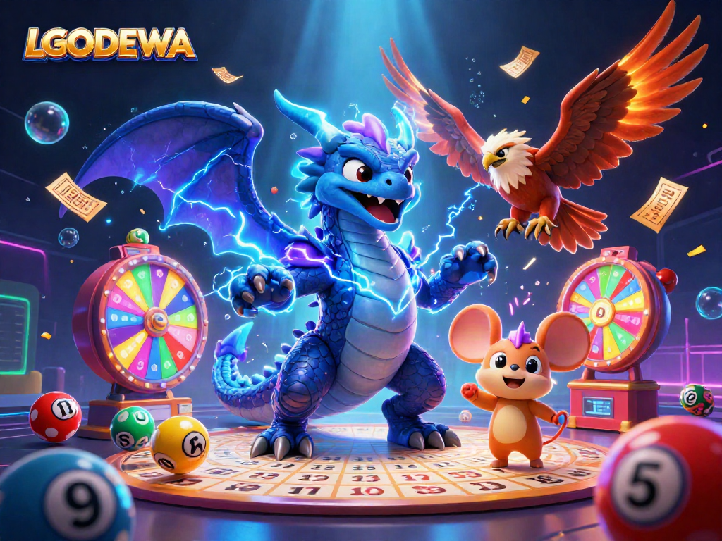 Engage with LGODEWA, featuring vibrant lottery elements and dynamic casino characters in an immersive 3D scene.