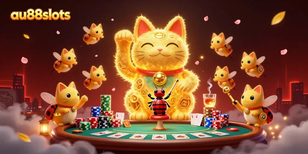 Experience the excitement of au88slots with a dynamic scene showcasing a lucky cat amid poker chips and casino symbols.