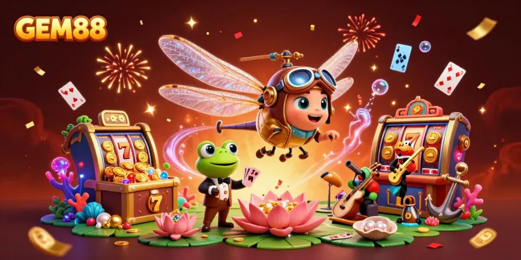 Engage with GEM88's vibrant gaming space featuring a cartoon dragonfly pilot and a frog croupier amidst dazzling casino elements.