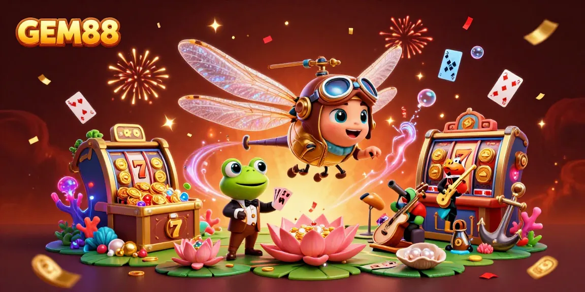 Engage with GEM88's vibrant gaming space featuring a cartoon dragonfly pilot and a frog croupier amidst dazzling casino elements.