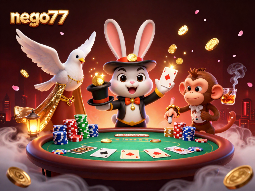Experience thrilling wins at nego77 with a vibrant illustration of a magician rabbit and poker action