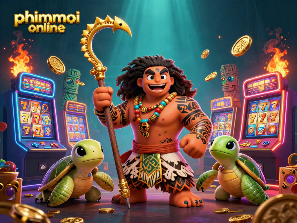 Experience phimmoi online with a dynamic scene of a casino-themed adventure featuring a Polynesian demigod and turtle.