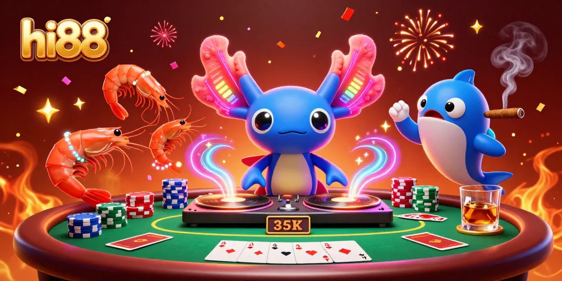 Experience the excitement of hi88 with a vibrant casino scene featuring an axolotl DJ and dynamic poker elements.