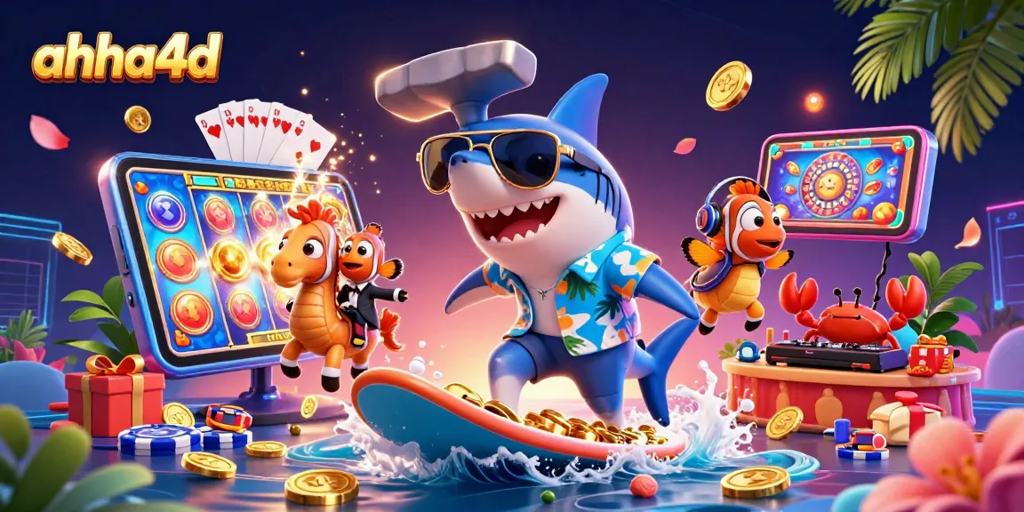 ahha4d bersantap di hadapan jackpot menggunakan ponsel permainan slot yang berkilau dan karakter laut yang unik.
