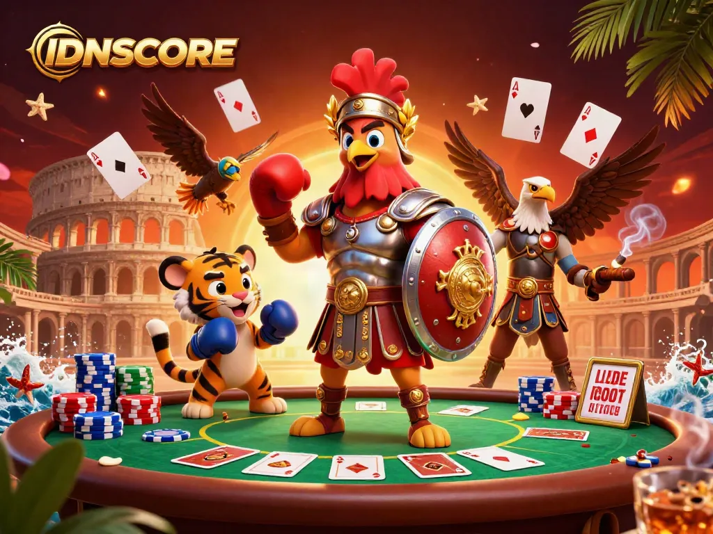 IDNSCORE showcases a dynamic gambling scene featuring a gladiator rooster and poker graphics.