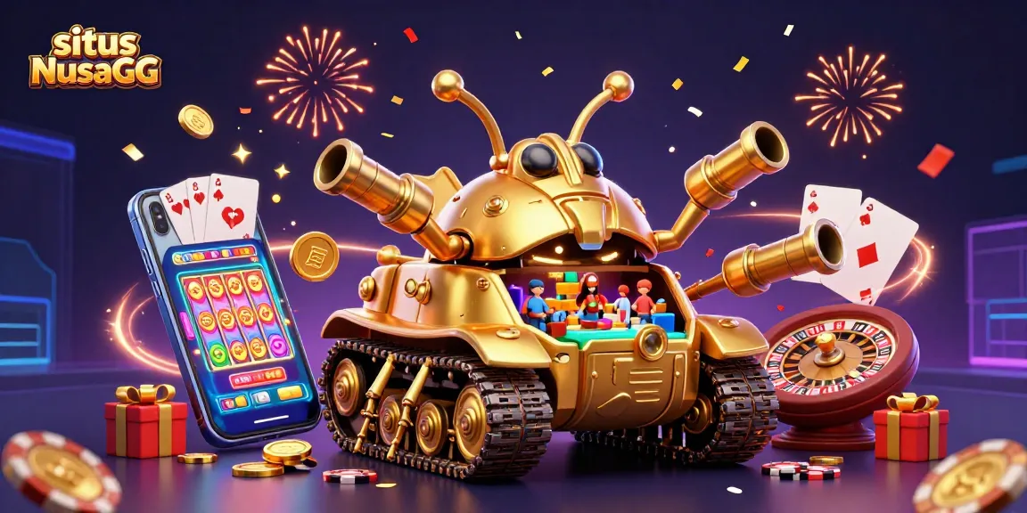 Experience excitement with situs NusaGG's 3D cartoon casino scene full of vibrant games and golden elements!