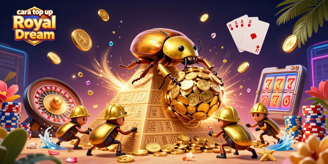Engage in cara top up Royal Dream with vibrant cartoon beetles rolling golden coins and casino icons.