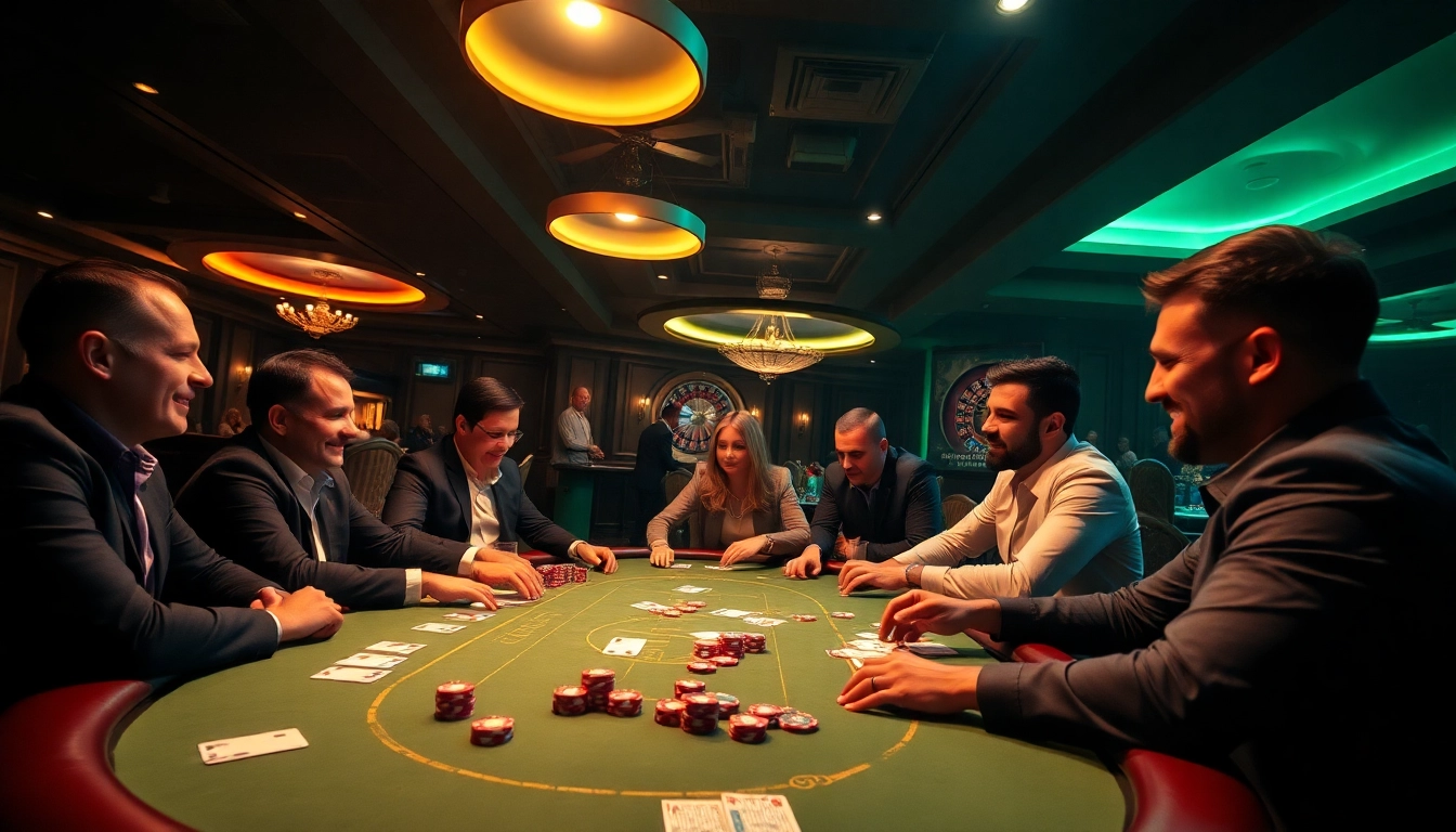 Mpo500 alternatif menampilkan permainan poker di kasino dengan meja dan pemain yang terlibat.