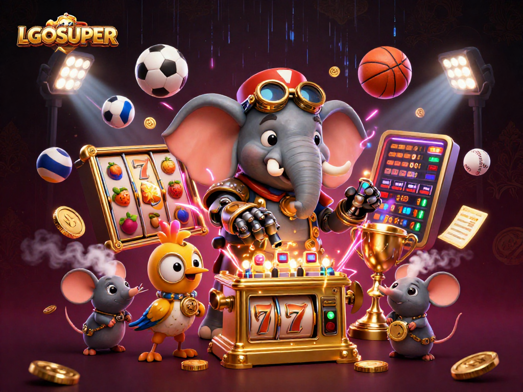 Engage with LGOSUPER's exciting slot adventures featuring a steampunk elephant and vibrant game elements.