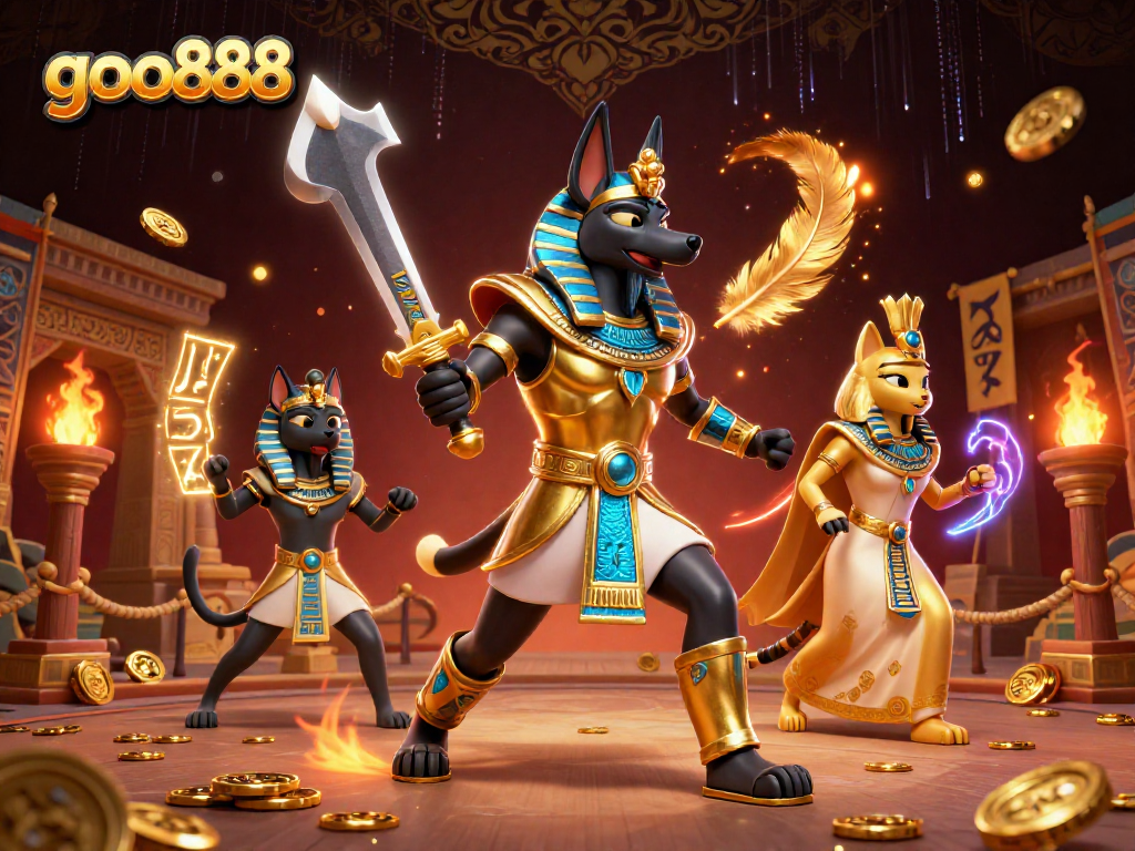 Win big with goo888 in this exciting 3D casino scene filled with ancient symbols and vibrant game elements.