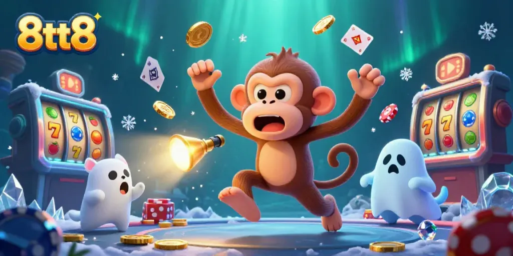 8tt8-themed haunted casino scene with a poltergeist monkey juggling gold coins and a ghost-hunter puppy tracking it.