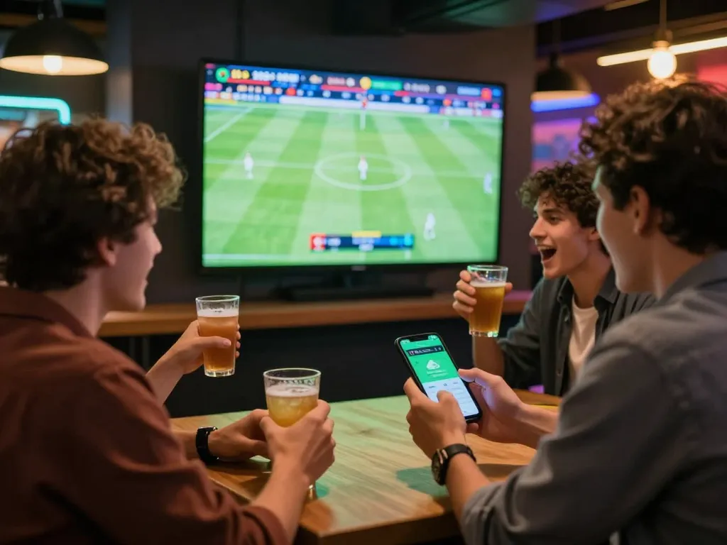 Socolive trực tiếp action captured as friends engage in sports betting during a live soccer match in a vibrant bar.