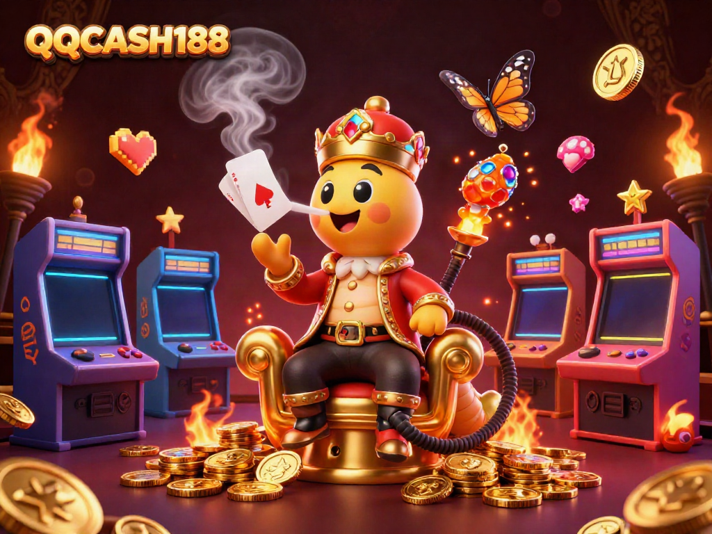 Engage with QQCASH188 in a vibrant 3D casino scene featuring colorful game machines and a unique caterpillar character.