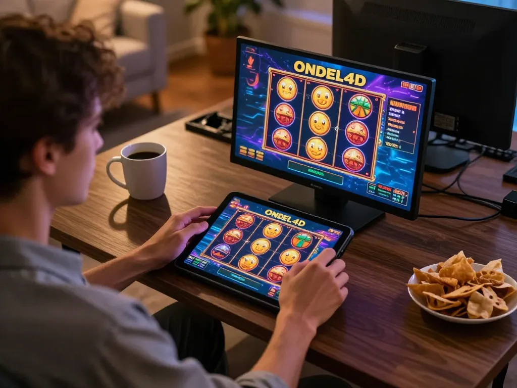 Mainkan slot ONDEL4D di tablet di rumah, pengaturan permainan yang nyaman dengan camilan dan cangkir kopi untuk pengalaman yang mendebarkan.
