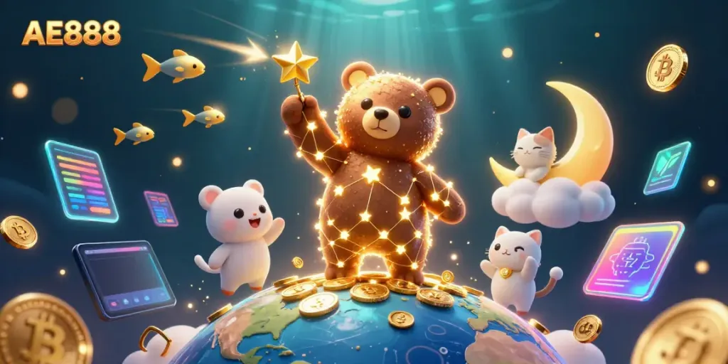 Join the exciting AE888 casino experience with cartoon characters scooping up coins amidst vibrant crypto elements.