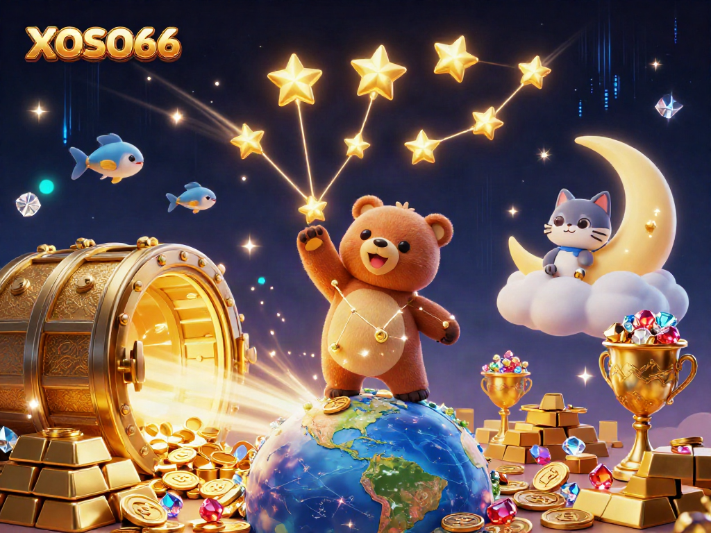 Engage with XOSO66 as the constellation bear scoops coins from Earth, amidst vibrant casino treasures.