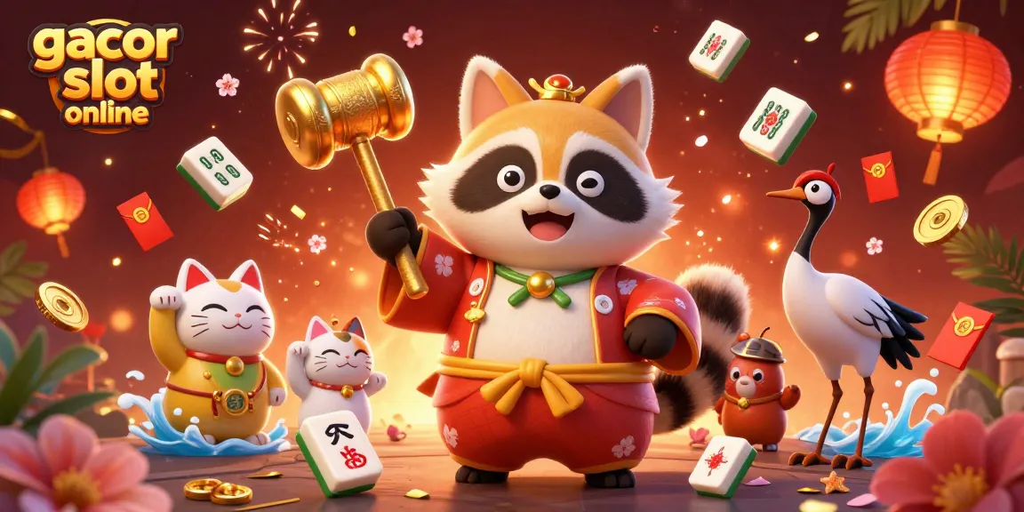 Engage with gacor slot online experiences featuring a cheerful tanuki with golden mallet and colorful fortune cats.