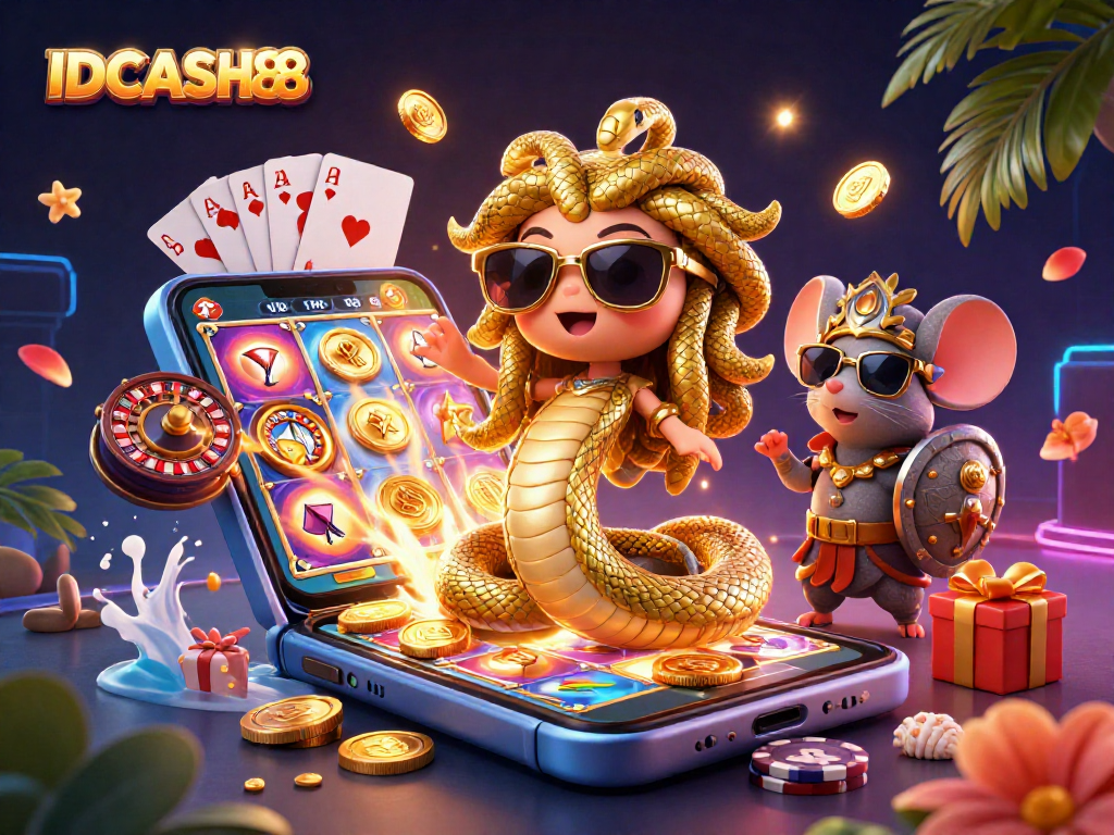 Spin the reels and win big with IDCASH88, featuring a playful Medusa, warrior mouse, and vibrant casino elements.