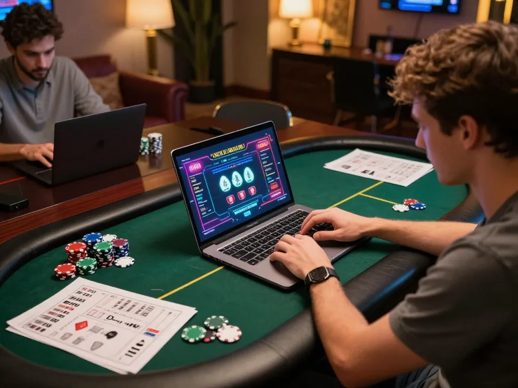 Player engaging in poker online with sunwin on their laptop, capturing strategy and excitement.